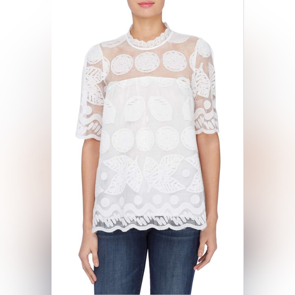 Anthropologie HD In Paris White Lemon Lily Lace Blouse Top Mock Neck Size 2